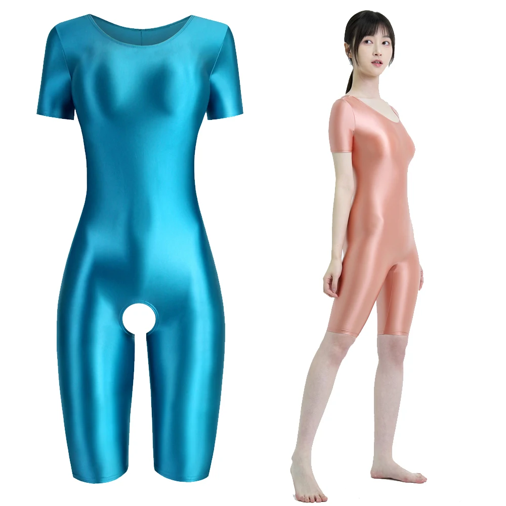 Sexy Bathing Gym Set Suit Women Gloss Yoga Sport Tights Jumpsuits Catsuits Shiny Bodysuit Smooth Workout Set Form-fitting Pants