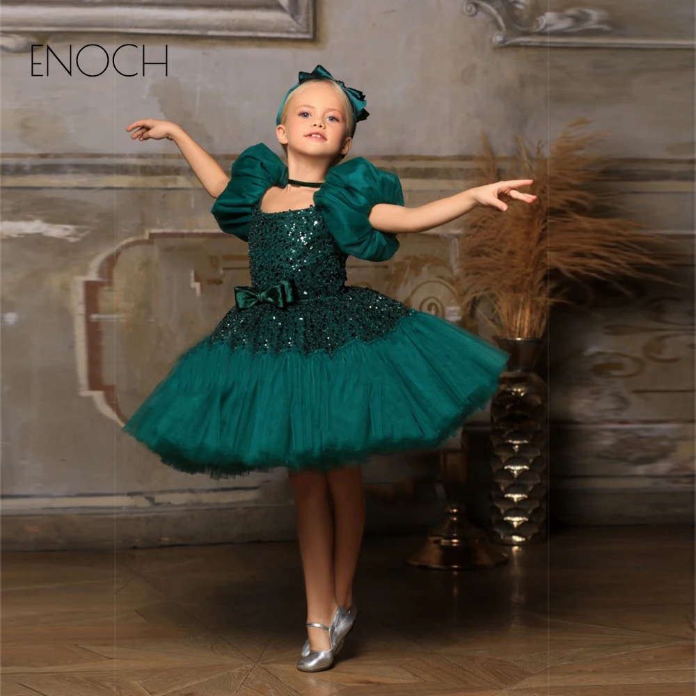 ENOCH Exquisite Flower Girl Dresses New Puff Short Sleeves Scoop Neck Knee Length Sequined Zipper Back Wedding Party Ball Gowns