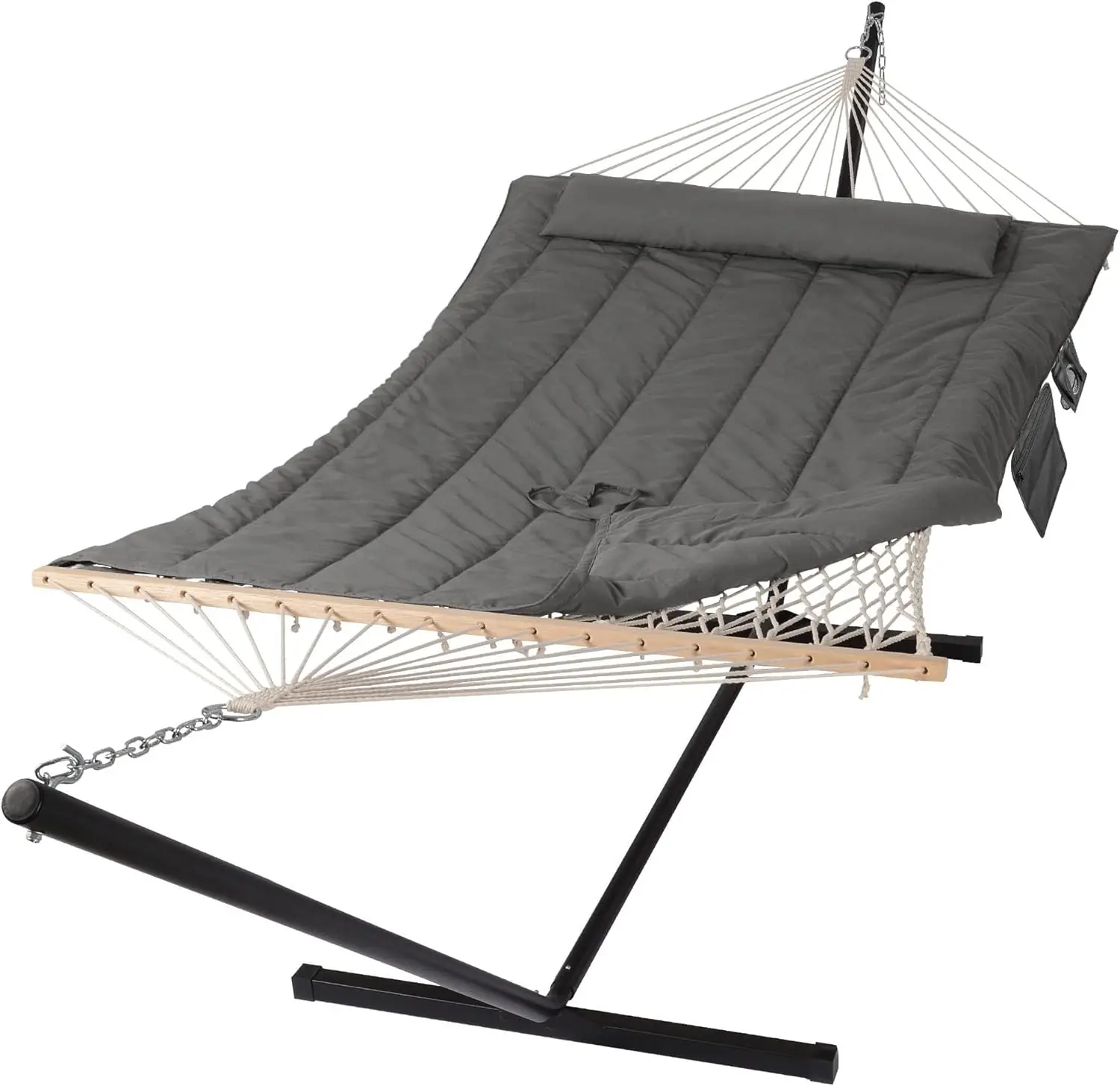 

Double Outdoor Hammock with Stand, Two Person Cotton Rope Hammock with Polyester Pad, Dark Gray