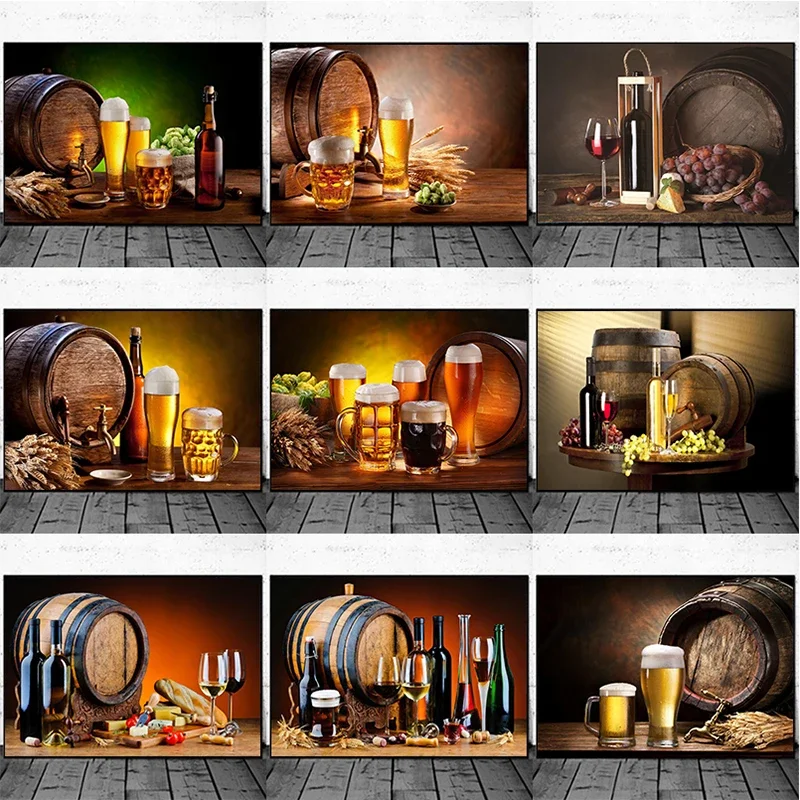 Bar de cocina, vino tinto, uva, botella de cerveza, pintura en lienzo, naturaleza muerta, póster nórdico, imagen artística de pared para decoración del hogar y la sala de estar