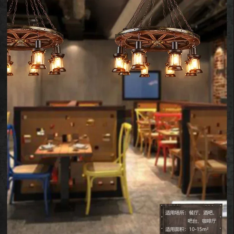Retro Wood Pendant Light Industrial Iron LED Wheel Pendant lamp for Restaurant Bar Coffee Shop Glass Solid Wood Iron Chandelier