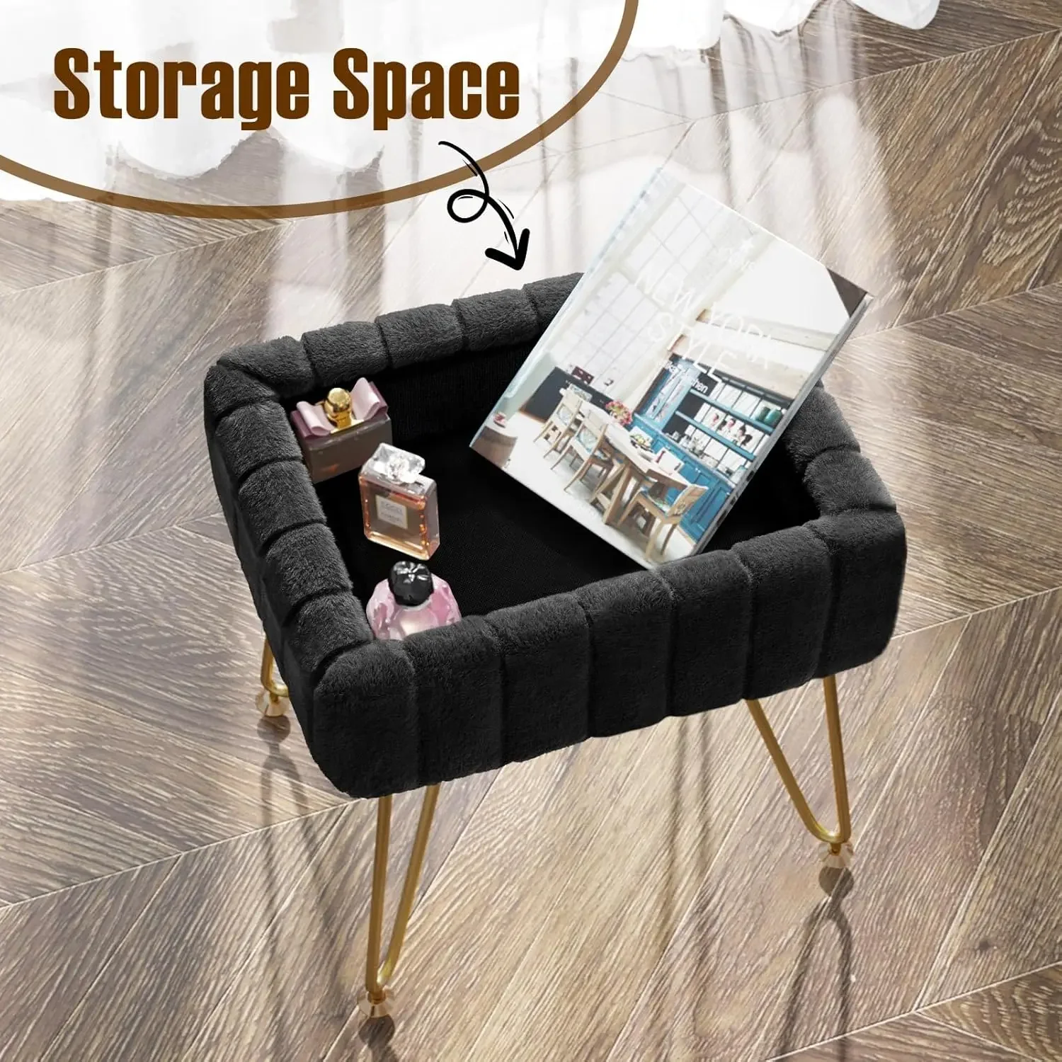 [XMSJ-¡Stock limitado, ¡Compre ahora! ]Silla taburete Vanity de piel sintética con almacenamiento, 15,7" de largo x 11,8" de ancho x 19,4" de alto otomano suave 4 patas de metal con