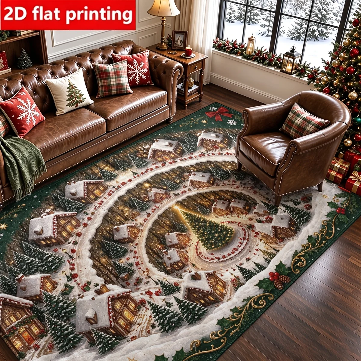 1pc 2D Flat Christmas Snowy Town Pattern Printed Floor Mat, Decorative Rug for Living Room, Bedroom, Home