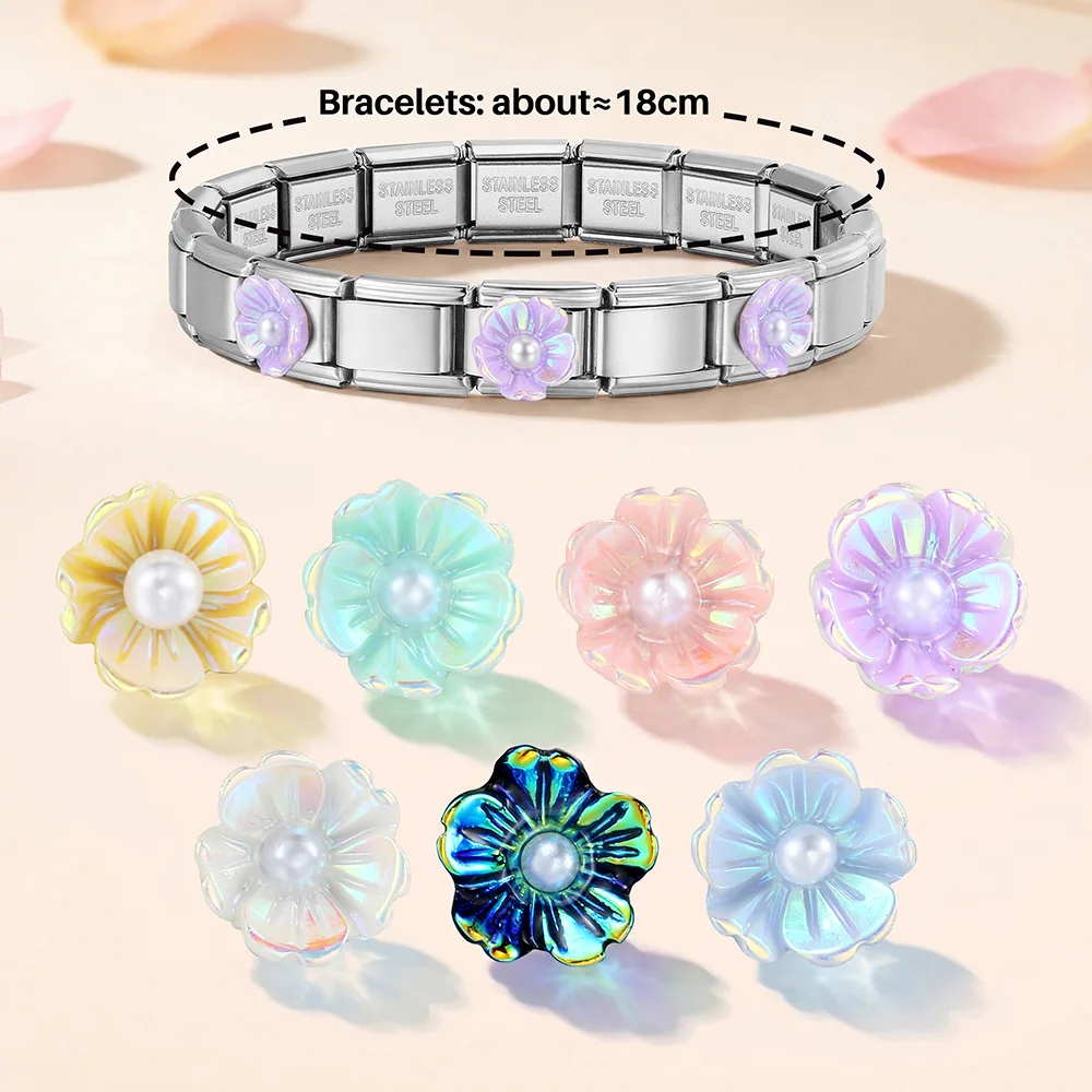 Silver Color DIY Design Colorful Flower Women Bracelet Charm Link Fit 9mm Stainless Steel Italian Jewelry Making Hand Chain