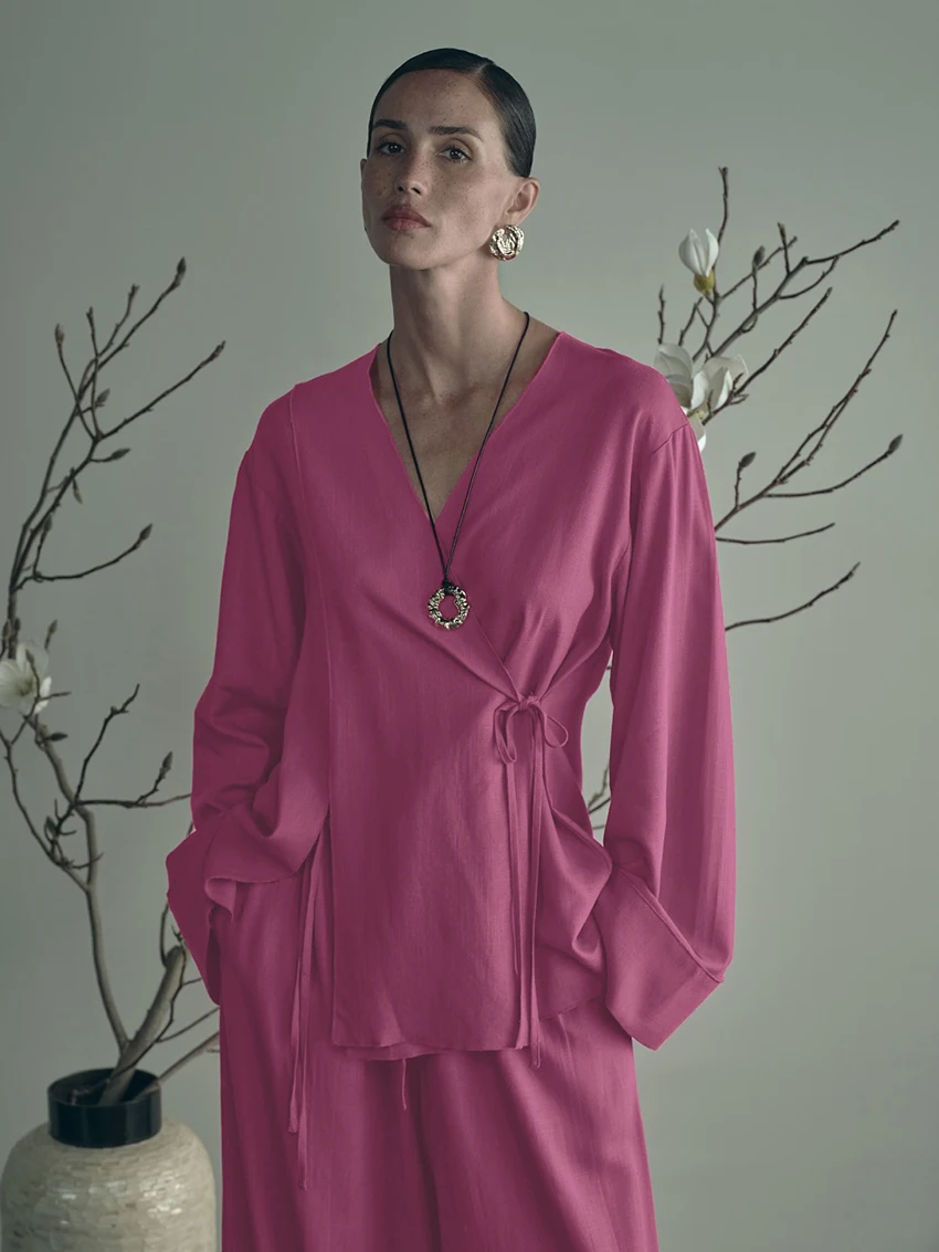 

Marthaqiqi Cotton Female Sleepwear Suit Lace Up Pajama Long Sleeve Nightwear Sexy V-Neck Nightie Pants Loose Women Nightgown Set