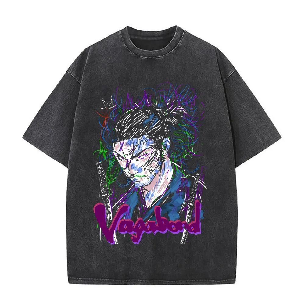 Japanese Anime Vagabond Miyamoto Musashi Vintage Washed T-shirts Men Women Clothing Fashion Oversized Short Sleeve T Shirts Tops