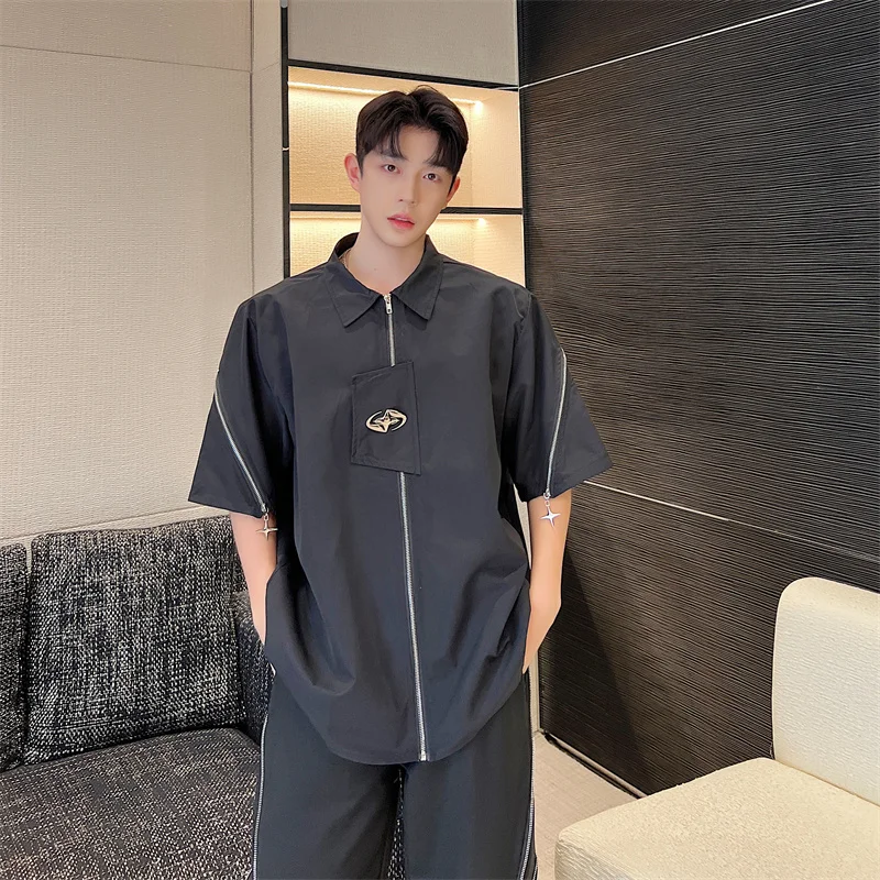 

Loose Men's ort Sve irt Metal Zipper Design Korean Sle Outerwear Casual Faion Summer Top Printed Youth Trend