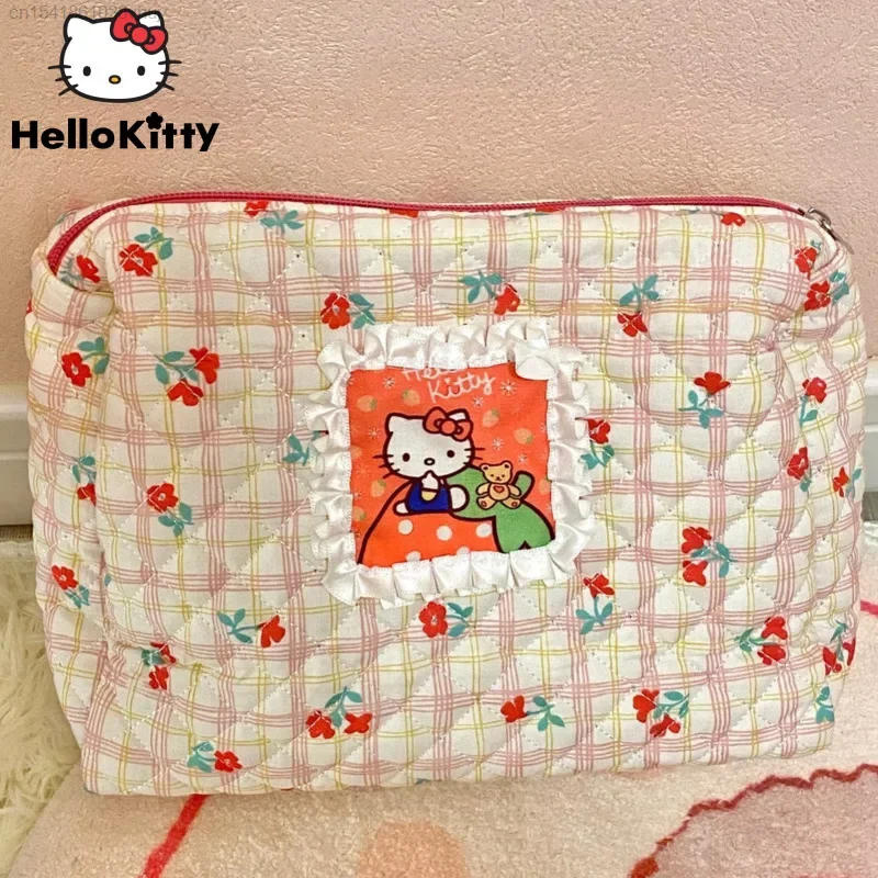 Kawaii Hello Kitty Floral Sweet Makeup Bag Large Capacity Y2k Lolita Girl Portable Multi-function Pen Storage Bag Gifts For Yk2