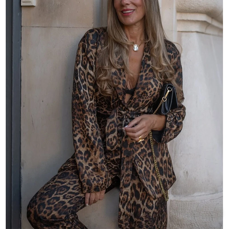 MUJER Leopard Print Blazers Woman Outfit Straight Leg Pants Sets for Women 2 Pieces Jacquard Office Blazer Women's Trouser Suit