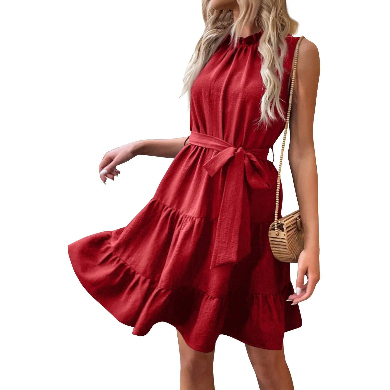 Vestidos Verano Moda 2024 Women'S T-Neck A-Shaped Casual Pullover Strap Waist Sleeveless Dress Roupas Frete Vestidos Largos