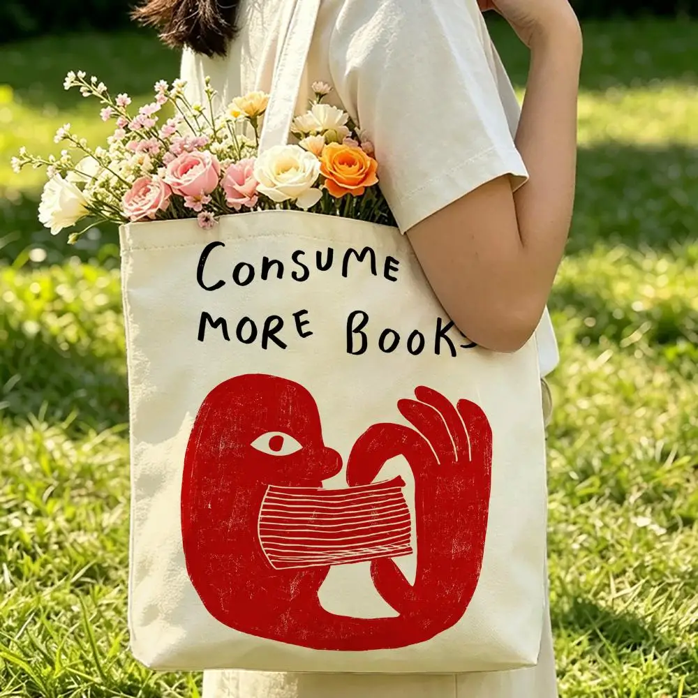 Retro Book Reading Storage Bags Beach Canvas Shoulder Tote Bag Double-Sided Print Fashion Handbag for Travel Picnic