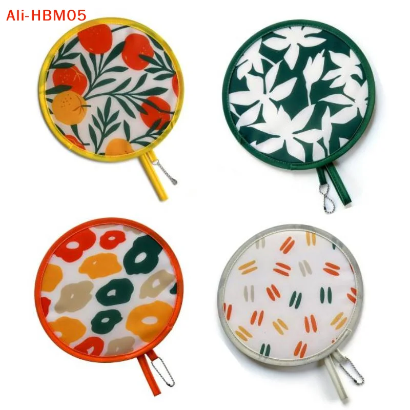 (HB05)Foldable Round Hand Fan With Cute Colorful Prints And Portable Hanging Chain Perfect For Summer Outdoor Trips Daily Use