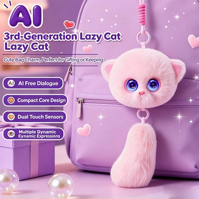 Cute AI Cat Plush Keychain Smart Interactive Talking Toy with Glowing Eyes 4G & WiFi Dual Network Backpack Pendant Gift for Kids
