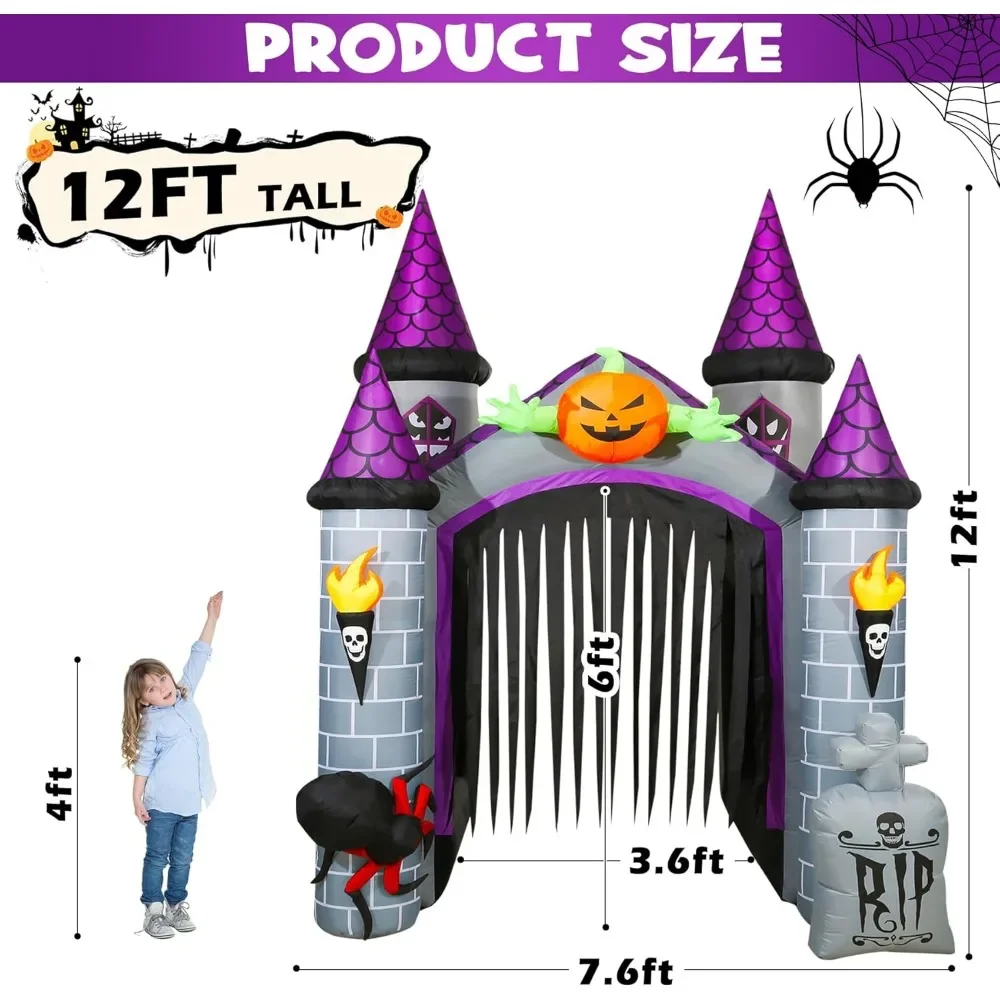 Outdoor Inflatable Halloween Decorations, Lighted 12 Ft Tall Huge Haunted House Archway, Halloween Inflatables with Built-in LED