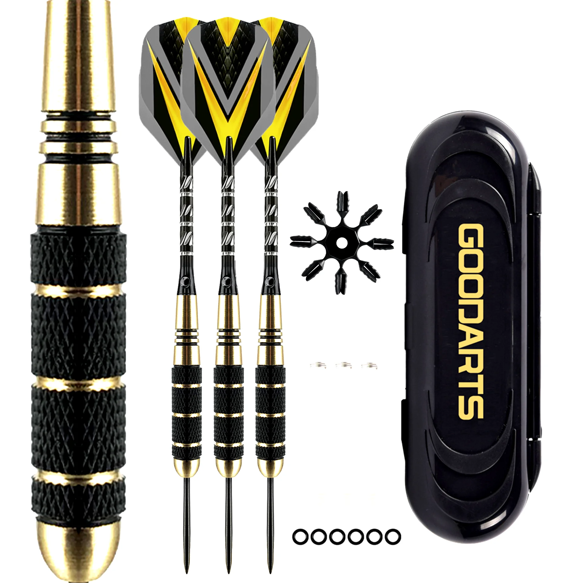 Set di freccette con punta in acciaio per freccette 24g Freccette professionali in ottone Punta in metallo Alberi in alluminio nero 3 voli 6 O-ring in gomma