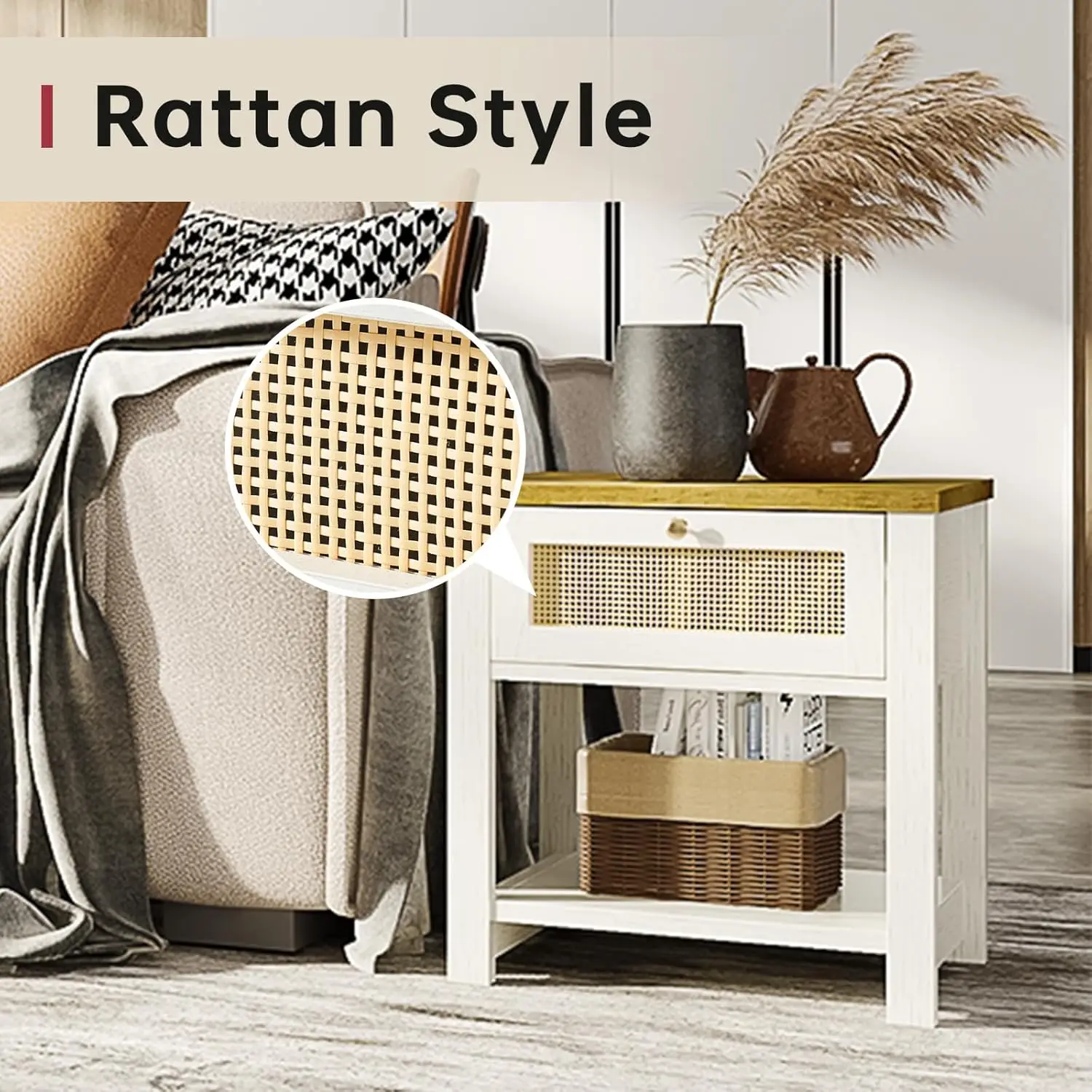 

Rattan Nightstand, Drawers With Rattan Trim, Bedside Table In Boho Style, Side Table With Storage Shelf, White