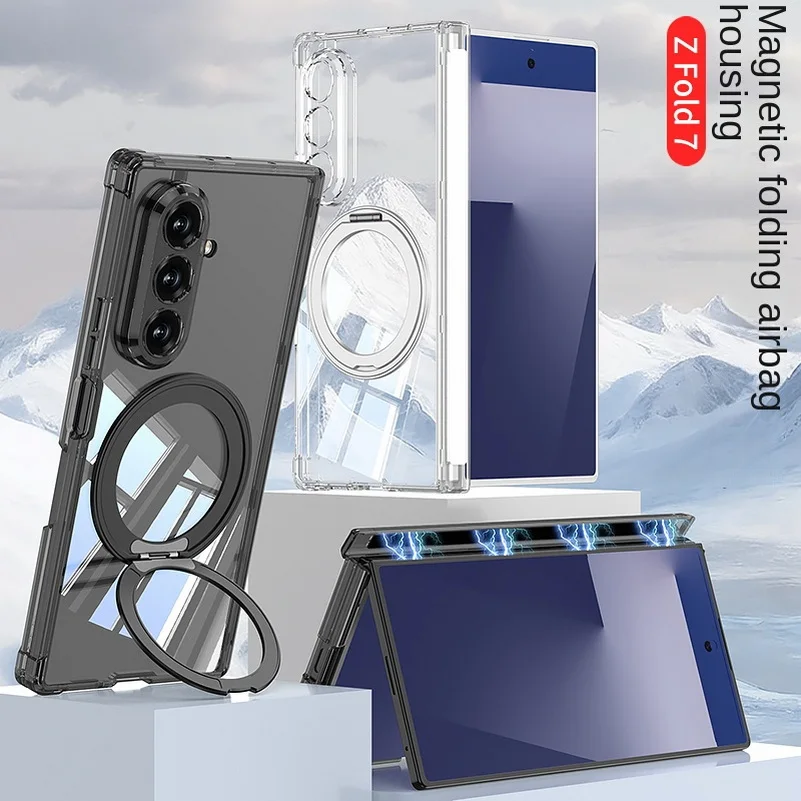 

Hight End Transparent PC Hard Hinged Metal Magnetic Ring Stand Phone Case for Samsung Galaxy Z Fold 7 Holder Protect Cover