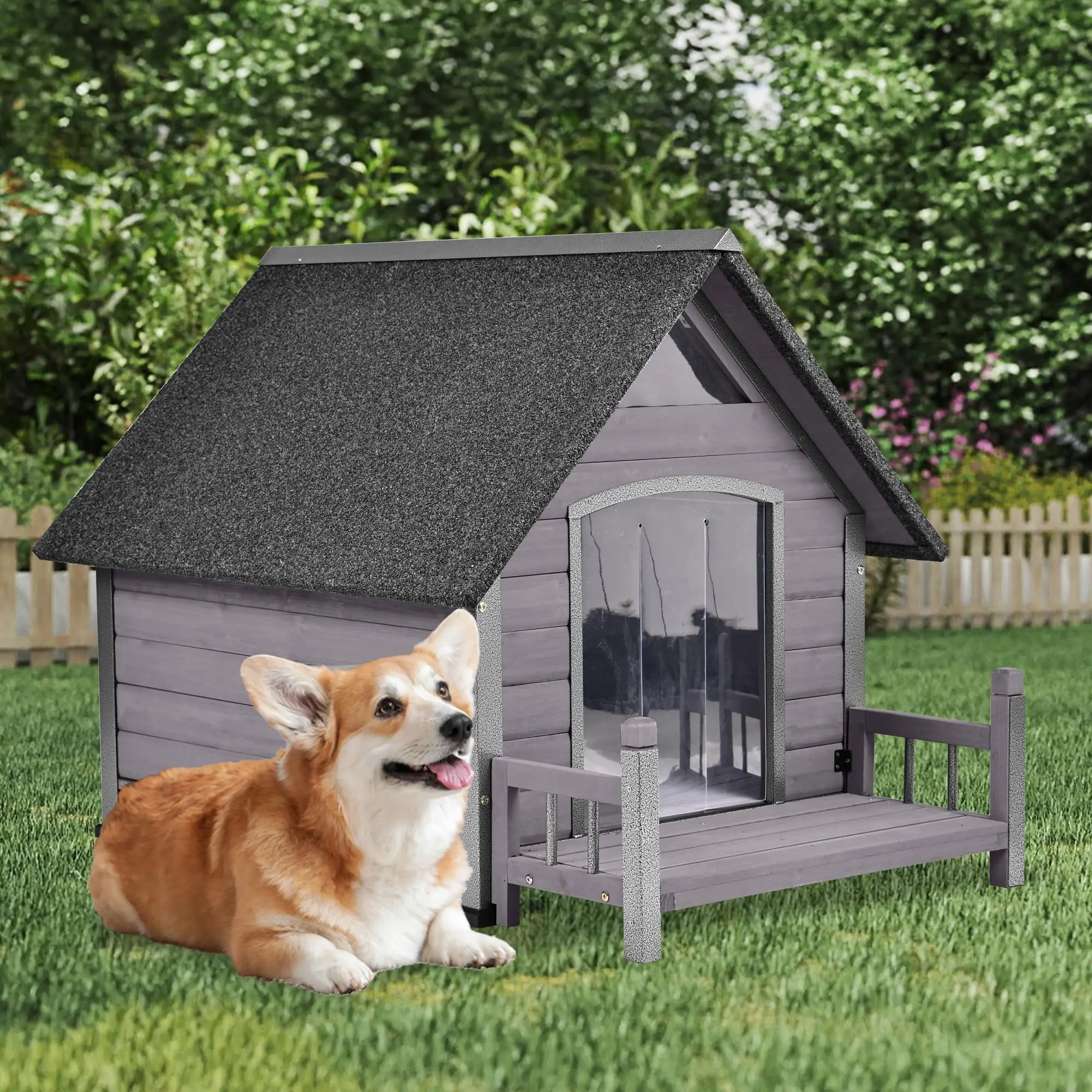 Dog House Outdoor Weatherproof with Porch, Puppy Shelter Indoor with Anti-Bite Design, PVC Curtain, Asphalt Roof