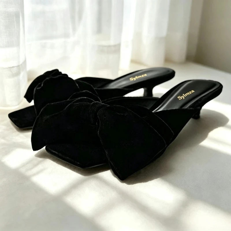 Butterfly Knot Detail Women Slippers Sexy Open-toe Kitten Sandals Fashion Square Toe Beach Shoes Comfortable Soft Designer Shoes