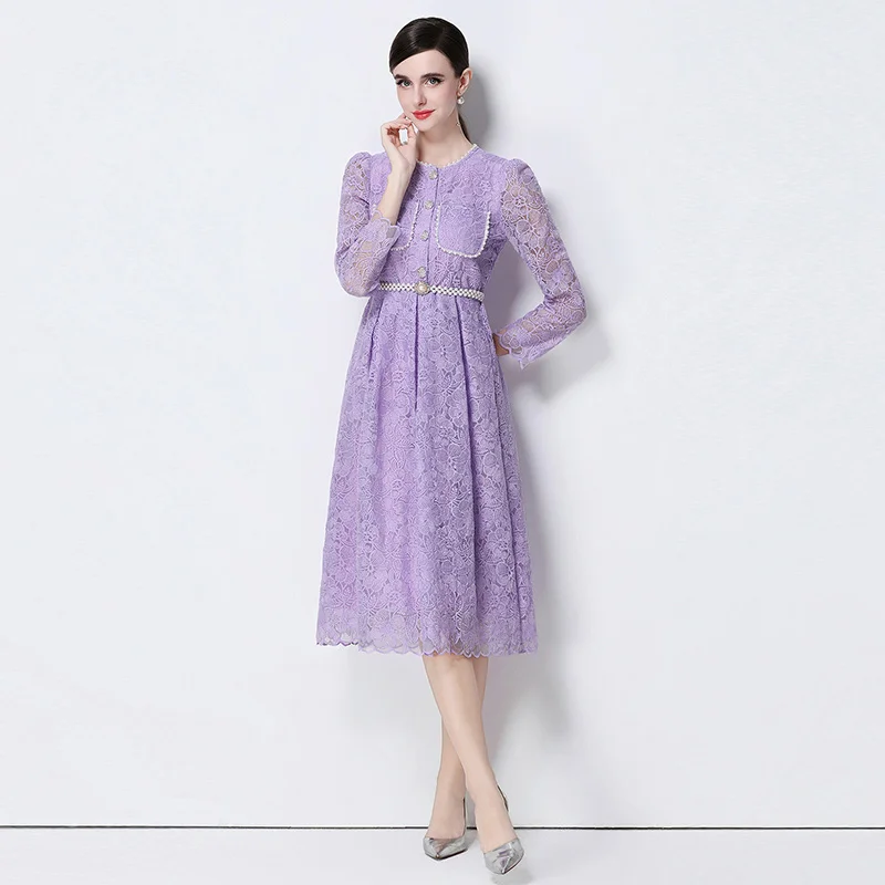 Luxury High-End Cutout Embroidery Floral Print Lace Dress Women Summer Retro Round Neck Single Breasted Comes with Lace-up Dress