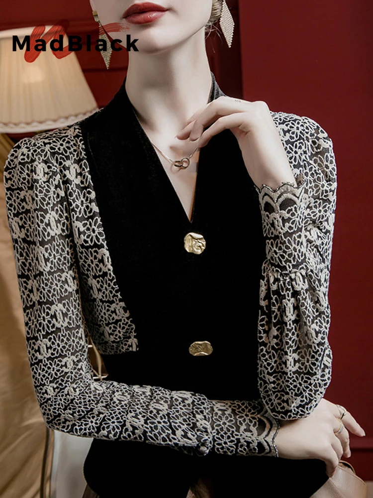 

MadBlack-Women European Velvet T-Shirt, Sexy V Neck Lace Patchwork, Streetwear Long Sleeve Slim S-3XL Tee, 2025 Winter T5D343CC