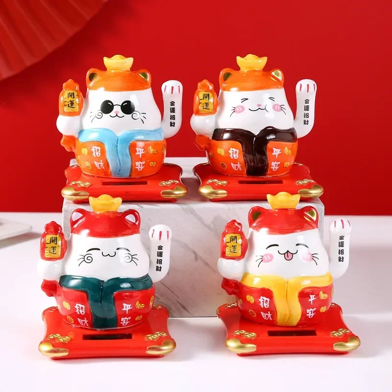 

4.5 Inch Ceramic Beckoning Lucky Cat Solar Powered Fortune Cat Waving Arm Maneki Neko Gift Box Home Decoration Car Supplies