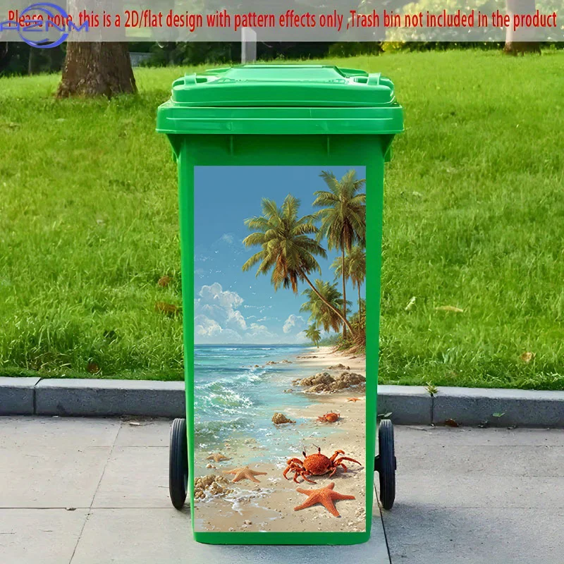 2D Flat Printing 1pc 2D Pattern Printed Kitchen Trash Can Sticker xcm Coconut Breeze and Sea Melody Beach Themed Kitchen Home