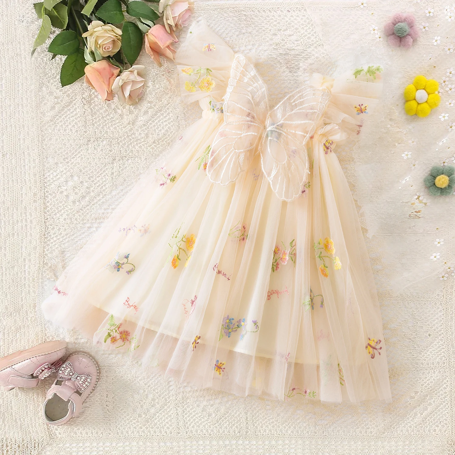 Vestidos para niñas pequeñas, vestidos de princesa para fiesta de cumpleaños, dulces vestidos para niñas con lazo en la espalda, alas, correa de hada, vestido de malla de mariposa bordado