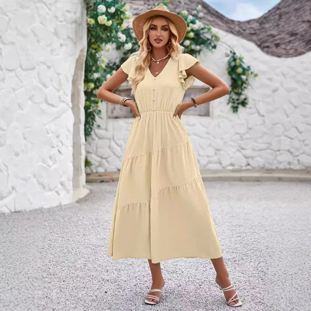 Fre Sle em camadas V-Ne casual verão Faion feminino Dr com renda Sves saia evasê ort Sve Long Dr