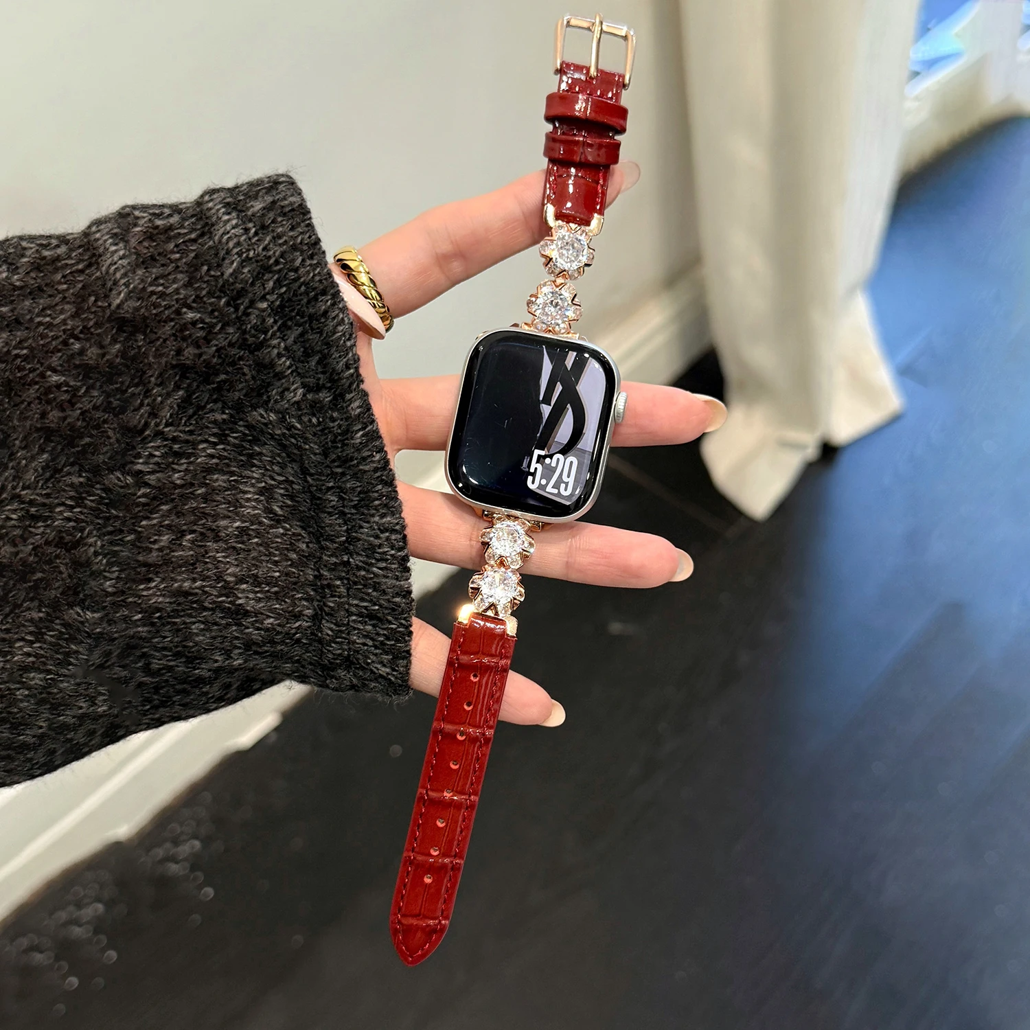 

Copper chain zircon splicing leather strap for Apple Watch 46 45 44 42 41 40 38mm female wristband for iwatch Ultra 49 S11 S10