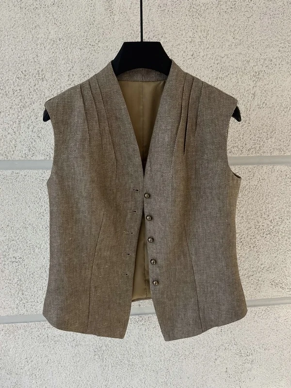 

Элегантный льняной жакет с V-образным вырезом Весна 2026, простой, с плиссировкой на талии, на одной пуговице, женская верхняя одежда, повседневный стиль