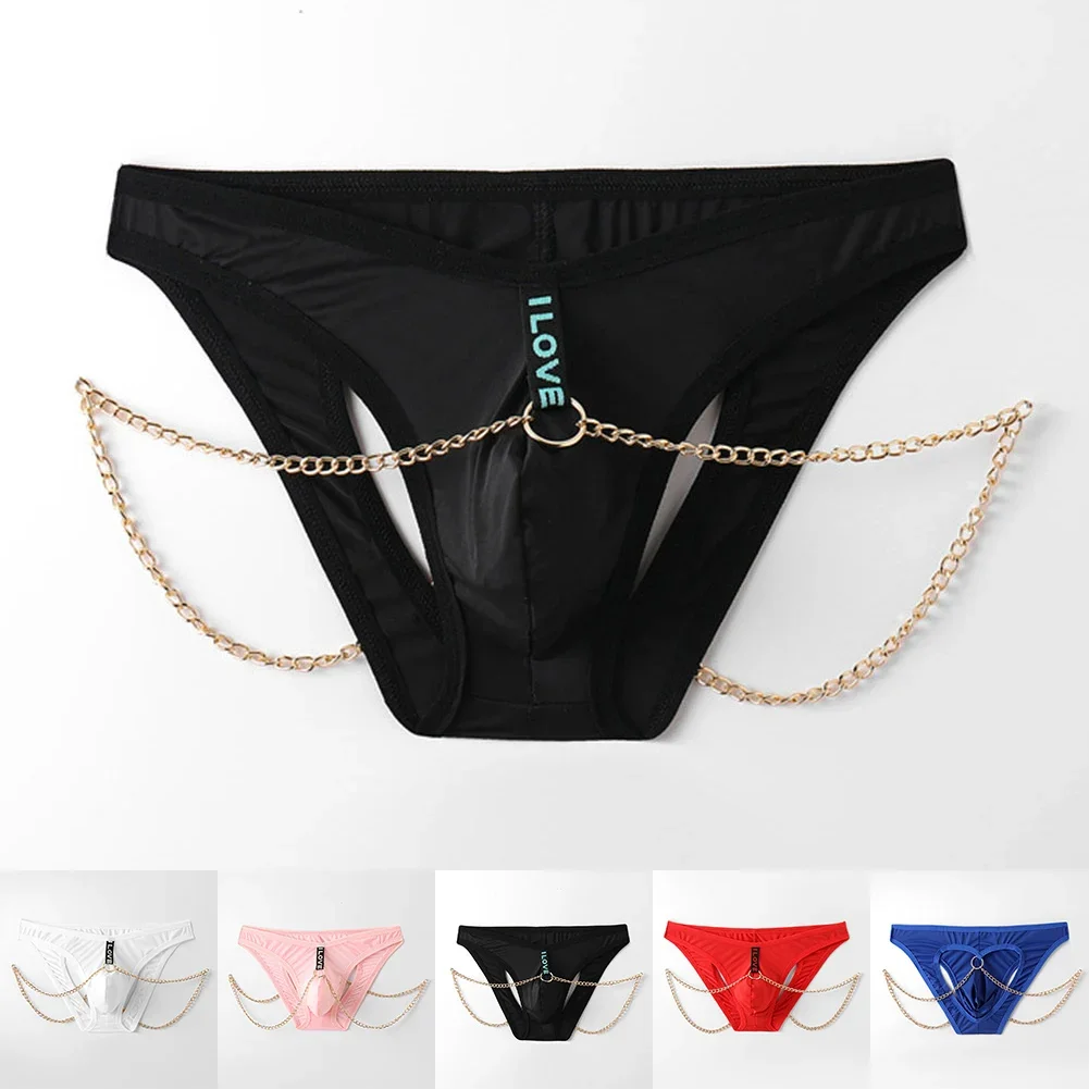 

Mens Solid Color Underwear Briefs Chain Sexy Hollow Low Waist Basis