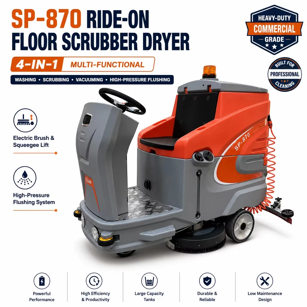 SP870 Industrial Ride-On Floor Scrubber 870mm Dual Brush Electric Floor Washer 6000m²/h Battery Powered Cleaning Machine