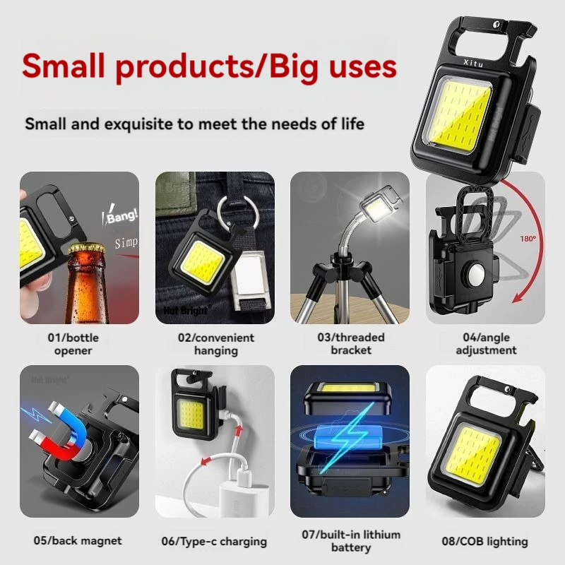 Super Bright MINI COB Keychain Flashlight Charging Lamp Camping Lights with Magnet 4 Lighting Modes for Camping Home