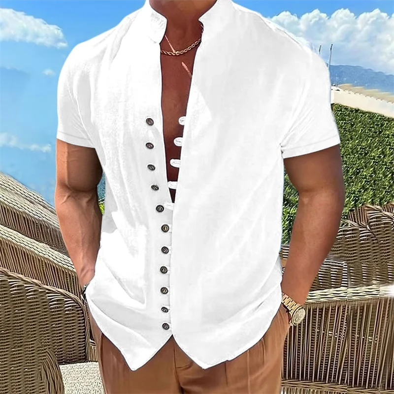 Men's summer short-sleeved shirt beach stand-up collar casual cotton and linen shirt daily vacation wear pink white black blue