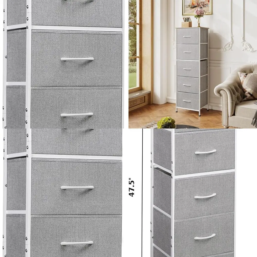 

5-Drawer Fabric Bin Storage Dresser with Wooden Top, Steel Frame for Bedroom, Closet, Hallway, Light Grey