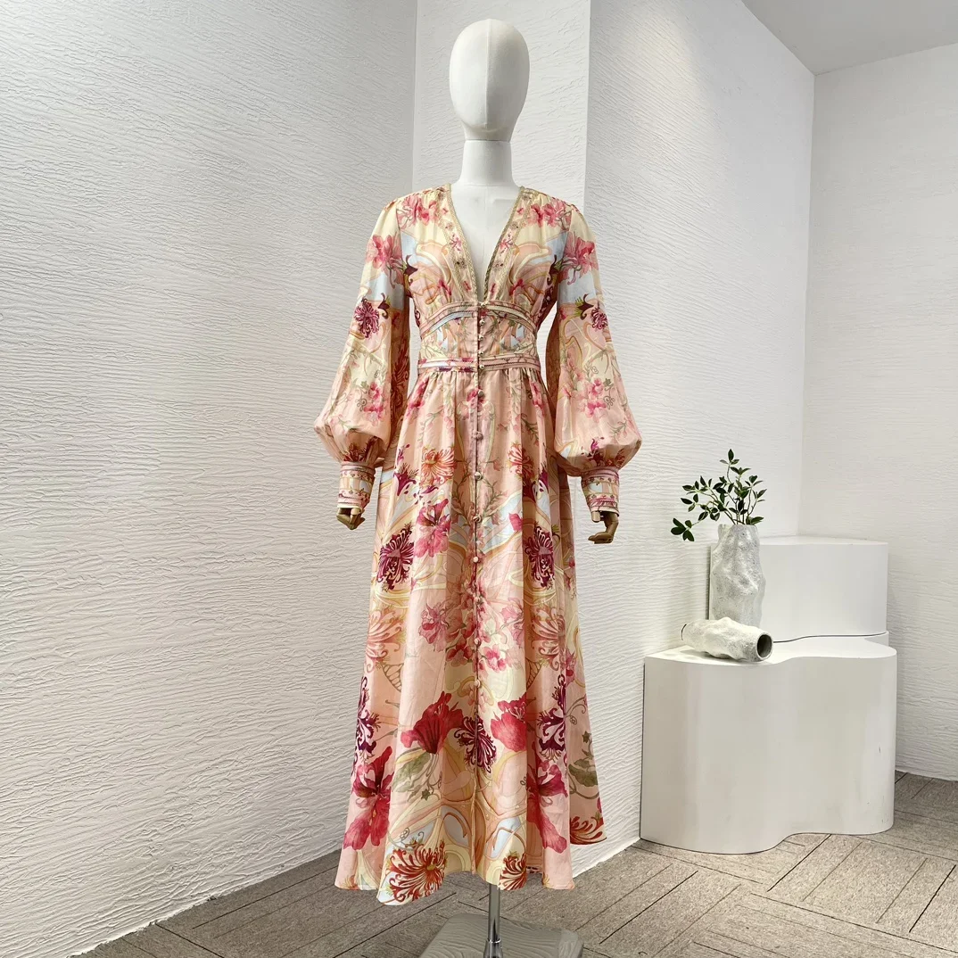 

Retro Multi Color Floral Print Full Lantern Sleeve Shirred Linen 2024 New High Quality Waist Women Holiday Midi Dress