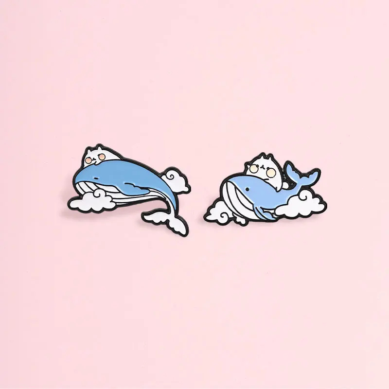 Adorable Ocean Animal Themed Badge Cartoon Cat Riding a Whale Cloud Pendant Book Bag Accessories