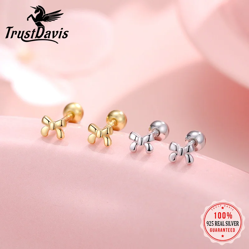 Trustdavis Echt 925 Sterling Silber, modische und süße Schleifen-Schraubohrringe für Frauen, Hochzeit, Party, feiner S925-Schmuck, DS4840