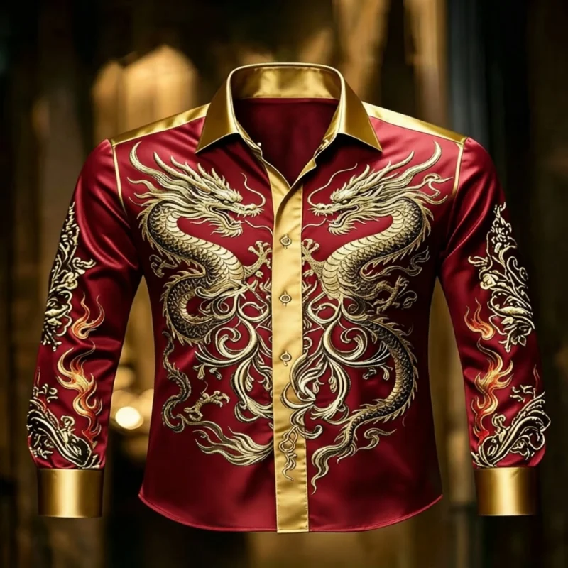 Elegant Style men's long-sleeved Lapel Shirt With Button Design  Digital Printing  Casual Comfort  And Fashionable Wear