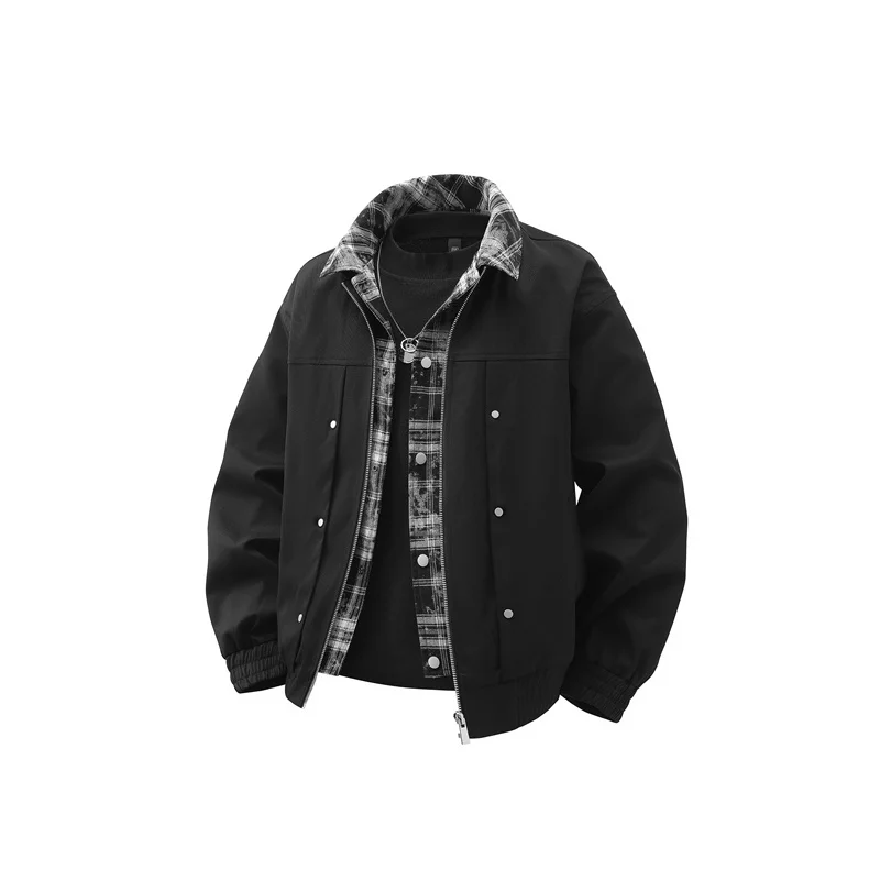

Oversized Men's Two-in-One Plaid Collar Jacket - Button Accents with Plaid Details, Trendy for Street & Party Looks