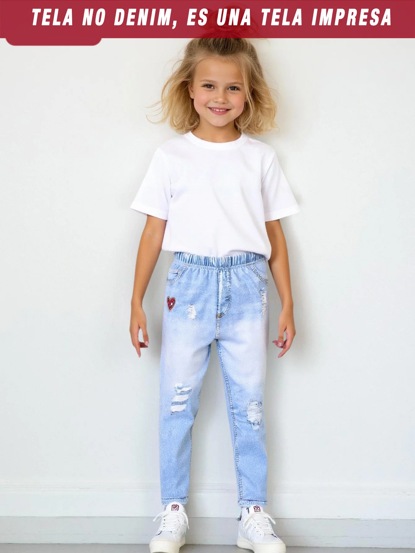 Unique ripped kids' pants with heart prints, perfect for stylish casual everyday wear in spring and autumn.