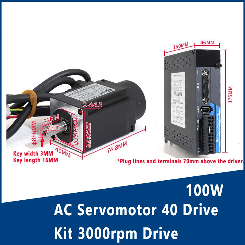 100W AC Servomotor 40 Drive Kit 3000rpm Drive + 17 bit magnetic encoder + 3 meter encoder cable Pulse Signal 5V