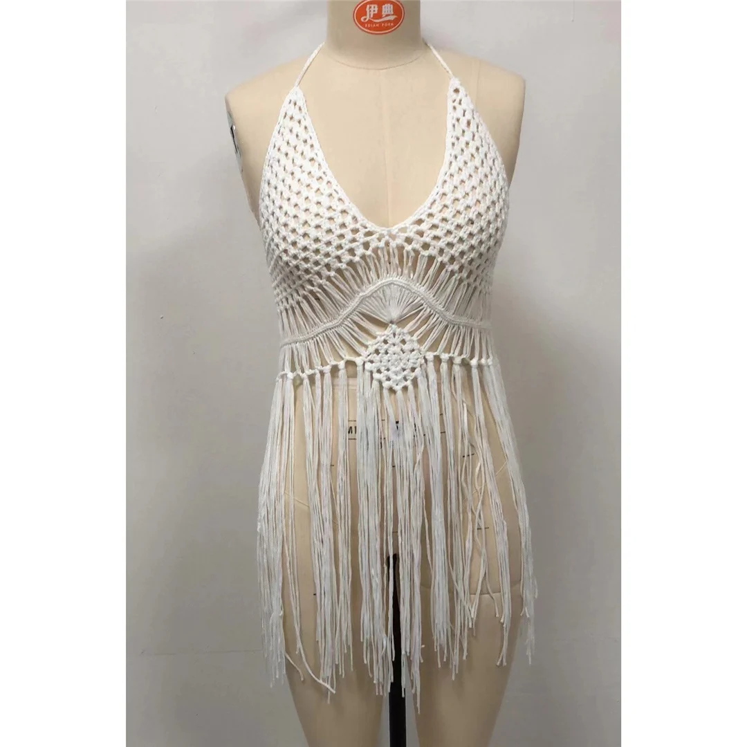Sexy, langes, mit Fransen versehenes, gehäkeltes, gestricktes Tunika-Oberteil, Strandkleid, Strandmode, Strandbekleidung, Strand-Cover-up, Damen, V5573 – Detail 14