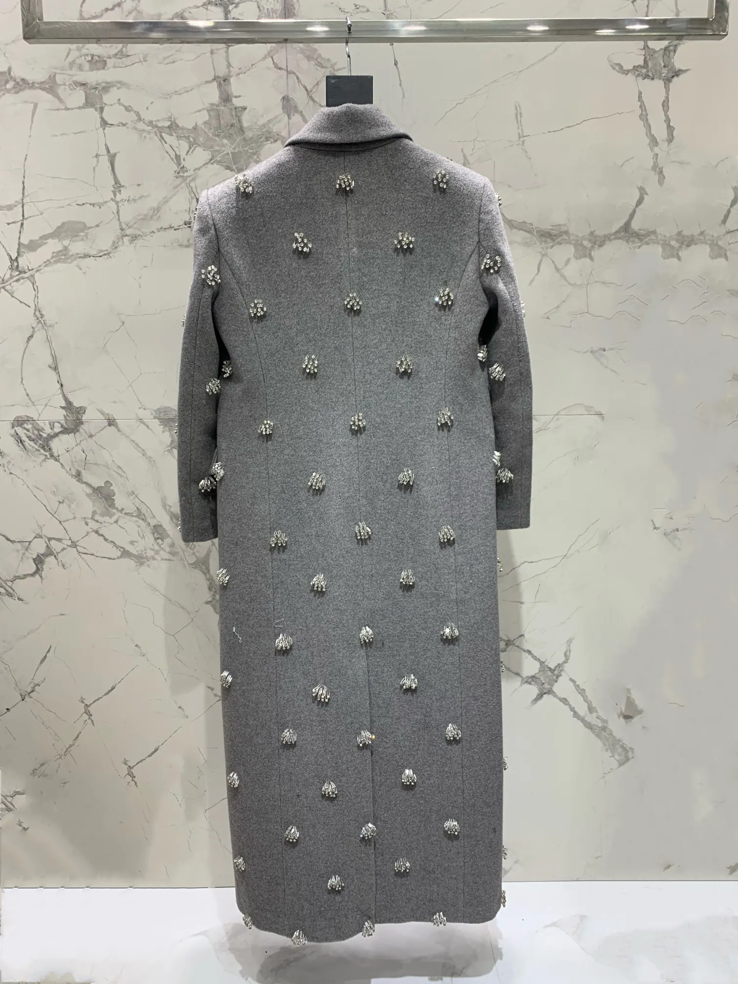 Women\'s Clothing Gray wool heavily beaded coat Autumn Winter New 0116