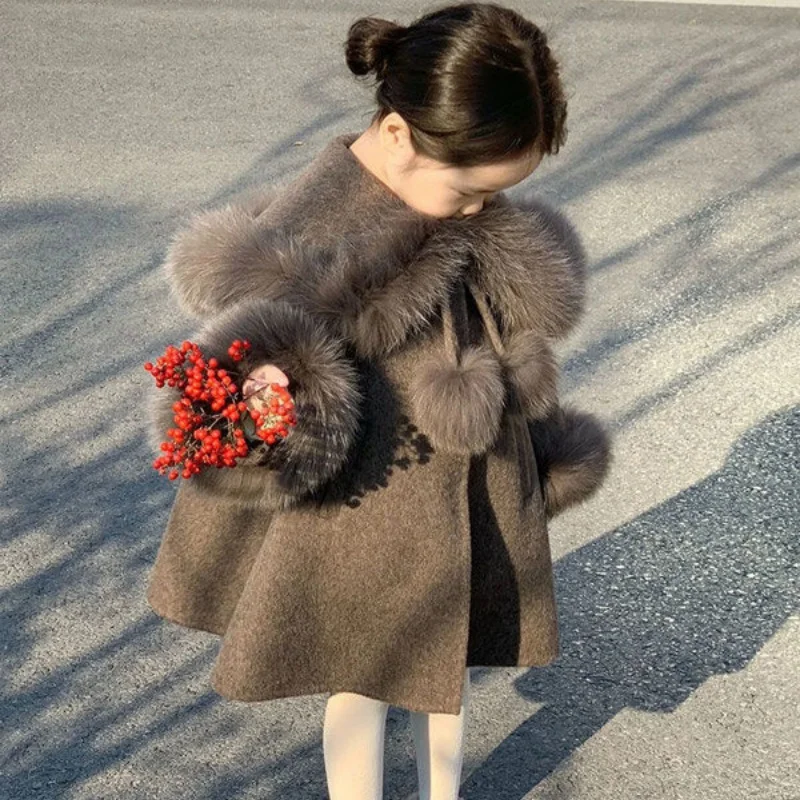 Girls Woolen Coat Overcoat Jacket Windbreak 2024 Brown Warm Plus Thicken Autumn Winter Cotton Teenagers Children\'s Clothing