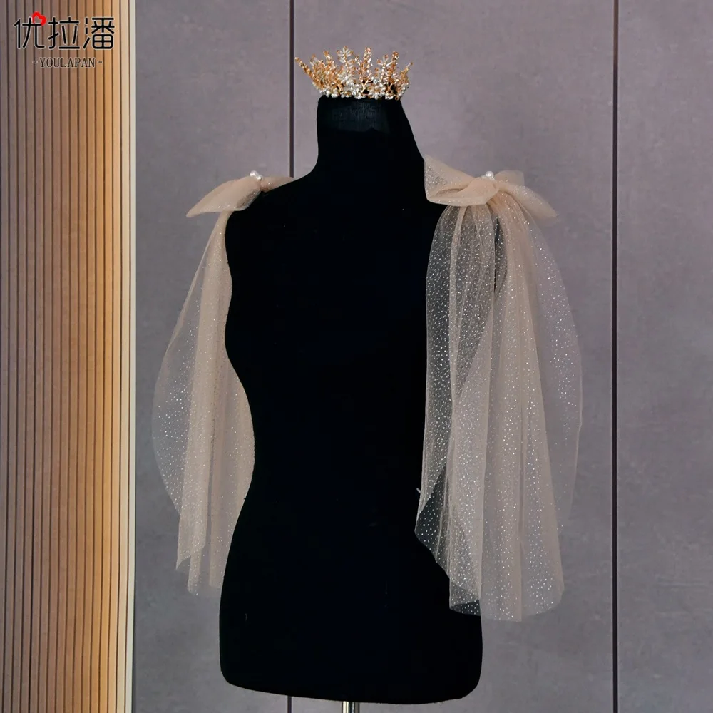 Champagne Wedding Dress Shawl Female Bow Hot Venus Empty Gauze Shoulder Covering Arm Accessories Cape Dress  Bridal Cape