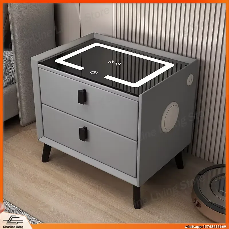 Modern Wooden Nightstand with Wireless Charger Speaker Two Drawer Bedside Table Minimalist Bedroom Furniture Multi Functional