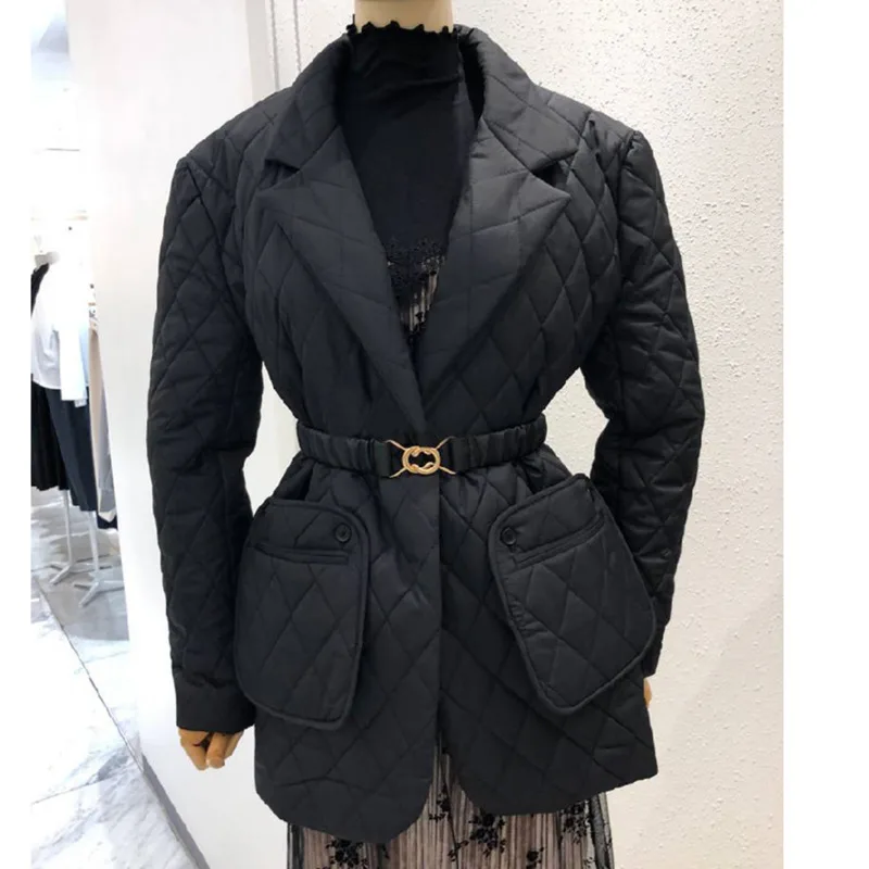 [oein] 2024 2024 Korea Dongdaemun Autumn Winter New Style Lapel Tie Waist Cinching Warm Suit Cotton Jacket Women's Top