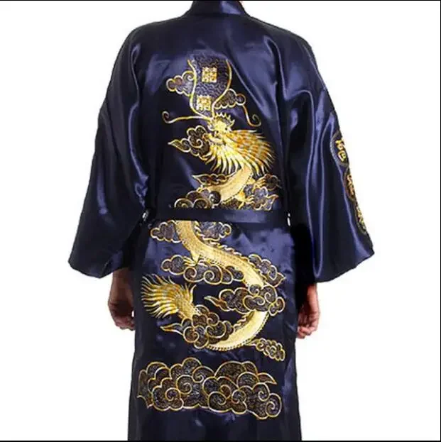 Bata de baño de estilo japonés para hombre, Kimono de seda satinada con bordado de dragón, Talla M, L, XL, XXL